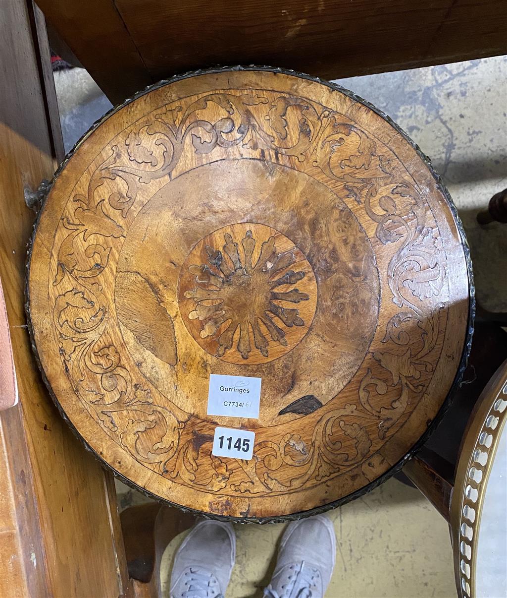 An Edwardian white marble topped jardiniere stand and a late 19th century French marquetry inlaid jardiniere stand, 33cm diameter